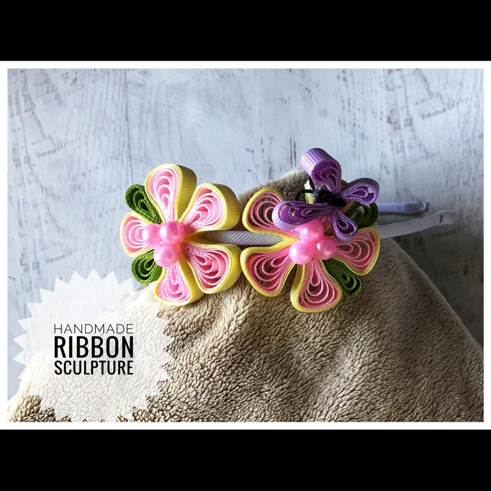 Butterfly and flower ribbon sculpture headband
